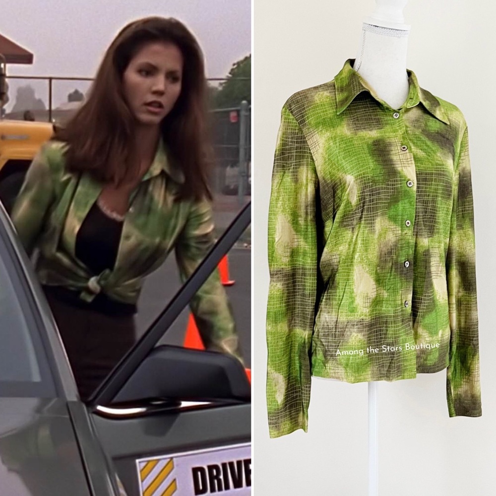 Very Rare 90s Vintage Green Abstract Print Button-Up Blouse ASO Cordelia in BTVS - Picture 6 of 14